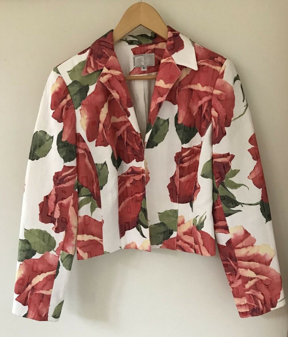 Vtg Alberto Makali USA Made Cropped Cotton Blend White Floral Rose Blazer 6 36"